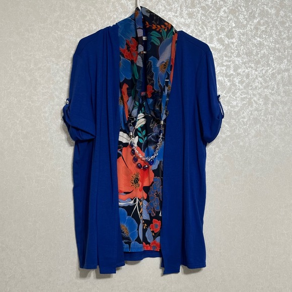 Notations Tops - Notations Blue Floral Print Cardigan Style Shirt Layered Look Scarf Necklace XL